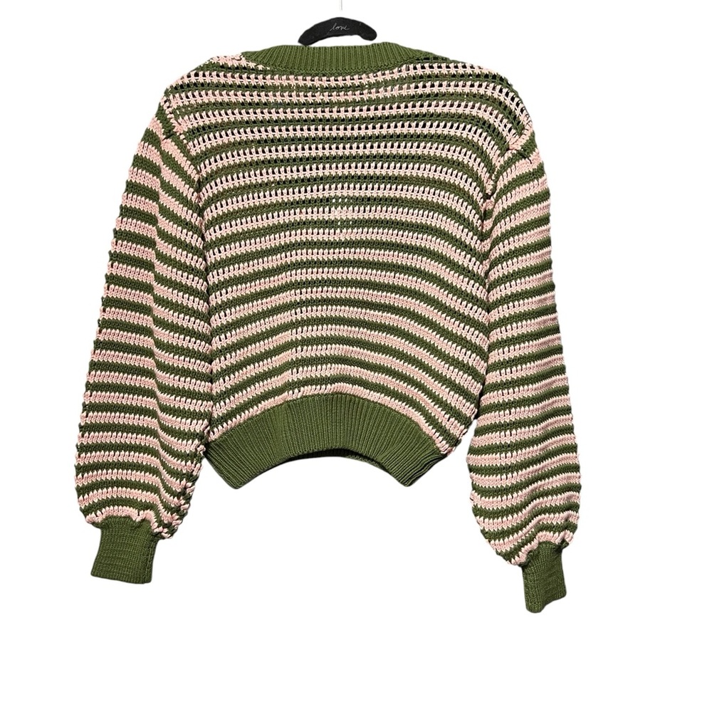 Sachin + Babi 💯 Cotton Striped Soft Textured Green & Pink Balloon Sleeve Sweater - Picture 3 of 3